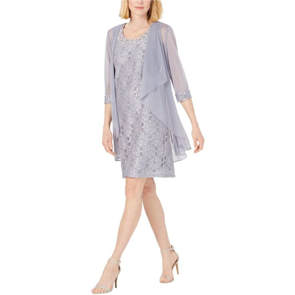 R & M Richards Womens 2 Piece Embellished Sheath Dress, Grey, 14, DM